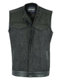 Men's Leather Over Denim Combo Vest Without Collar concealed carry