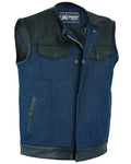 MEN’S LEATHER/DENIM COMBO VEST BLACK OVER BROKEN BLUE