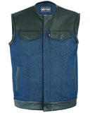 MEN’S LEATHER/DENIM COMBO VEST BLACK OVER BROKEN BLUE