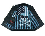 The Private, leather motorcycle club vest with distressed American flag liner with skull