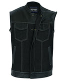 MEN’S LEATHER/DENIM COMBO MOTORCYCLE VEST WHITE STITCHING